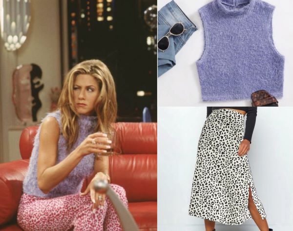 rachel green outfit purple top and animal print skirt