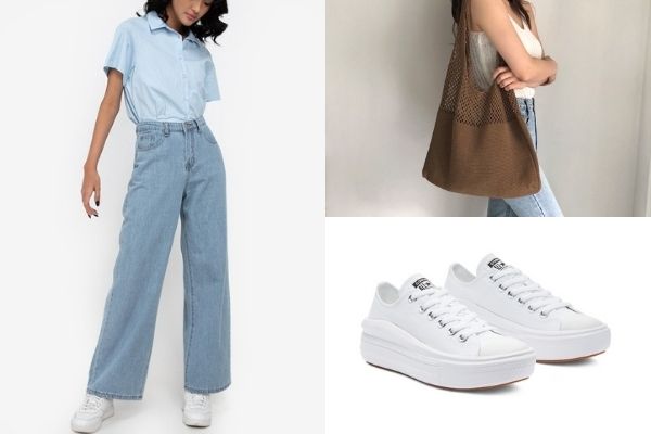 denim wide leg jeans, converse all white sneakers, mesh knit tote bag office outfits for ladies