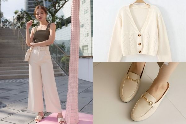 cream belted pants, knit cardigan and mules