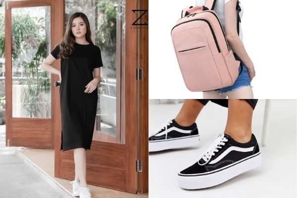 black midi slit dress, pink laptop backpack and vans black sneakers 