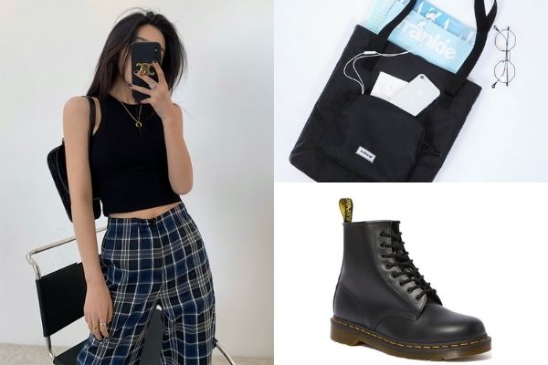 black round neck tank with checkered pants, black tote with side compartment and dr marten black boots 1460 