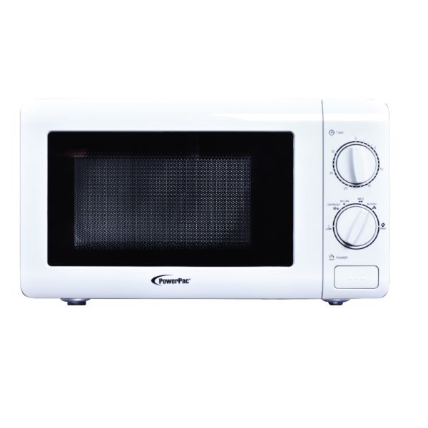 powerpac white microwave oven with dial controls 