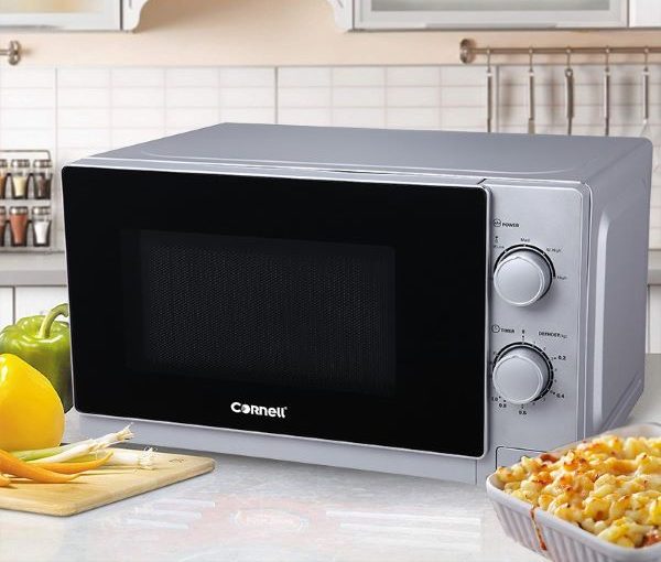 cornell silver microwave oven with black door and dial control