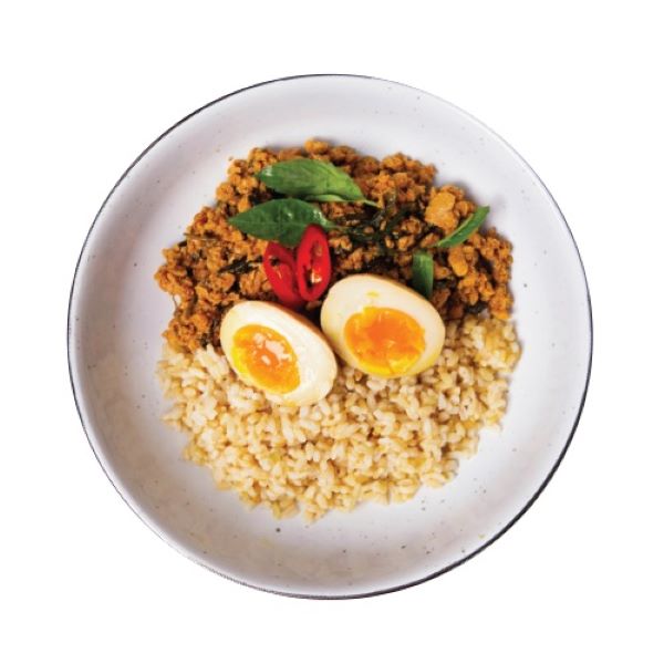 basil minced chicken with brown rice and egg