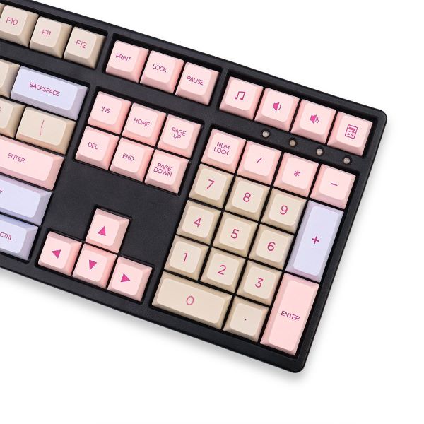 dsa profile keycaps in pink, yellow and lavender with black keyboard case
