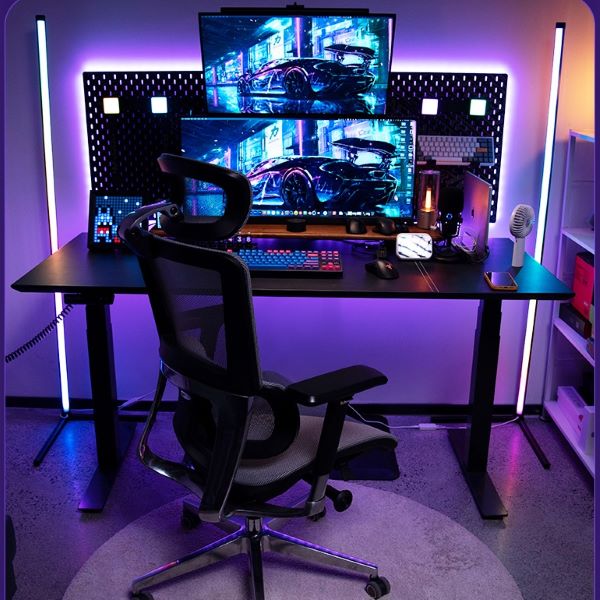 gaming setup with black hollin gaming desk, ergonomic chair and two gaming monitors best gaming desks
