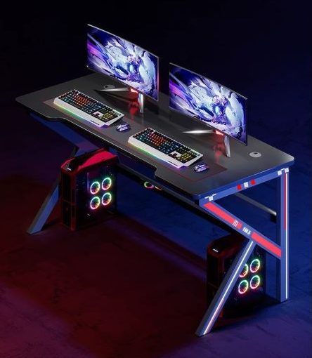 black gaming desk with two gaming monitors 