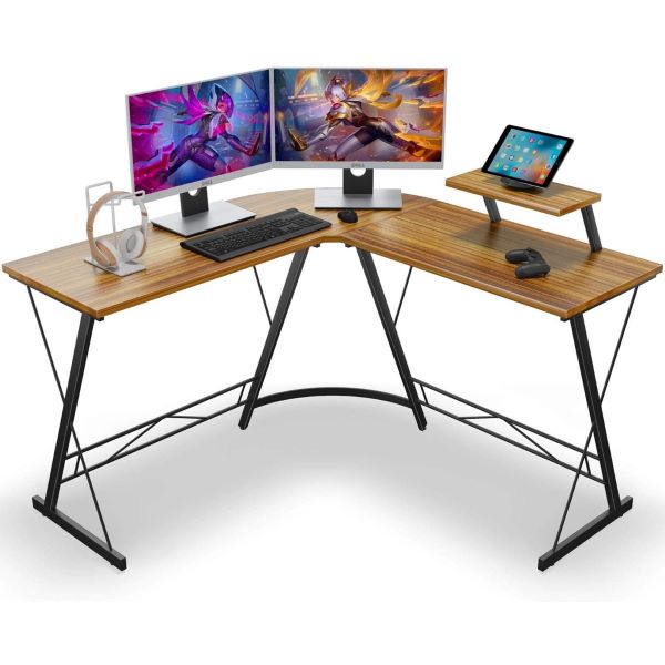 corner l shape desk with wooden surface and black legs 