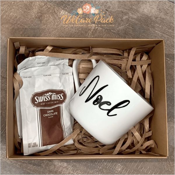 gift box with customised white mug and two sachets of hot chocolate mix