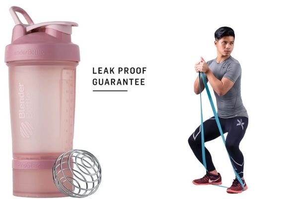 pink protein shaker bottle and man doing squats with resistance band