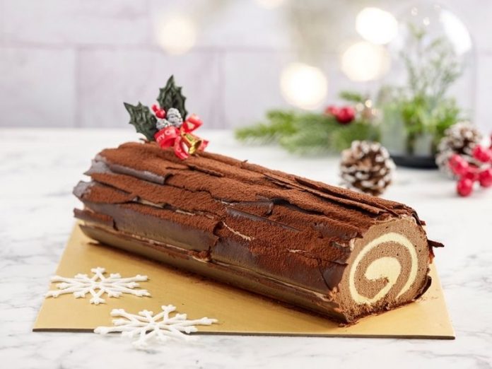 tcc chocolate log cake against white background
