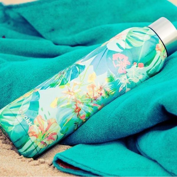 quokka stainless steel water bottle with floral prints on a turquoise beach towel best water bottle singapore 