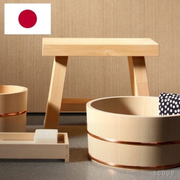 ryokan cypress wood onsen bath and stool