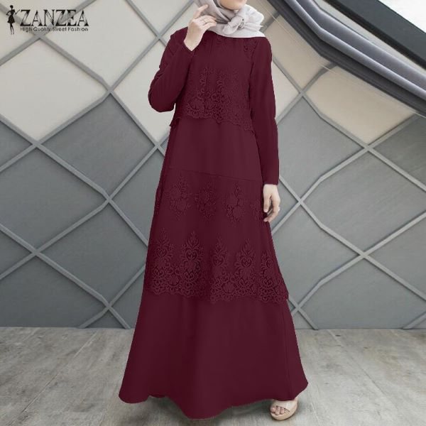 Zanzea Lace Stitching Muslim Long Dress