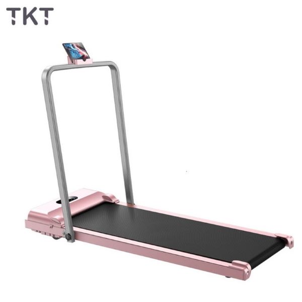 TKT foldable treadmill with metallic pink rims and phone stand