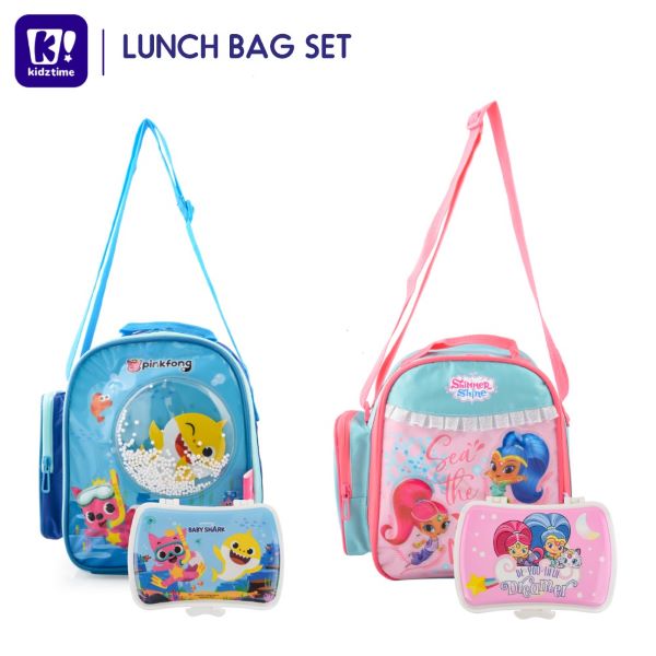 kids lunch bag and lunch box set with cartoon design in pink and blue best lunch box singapore