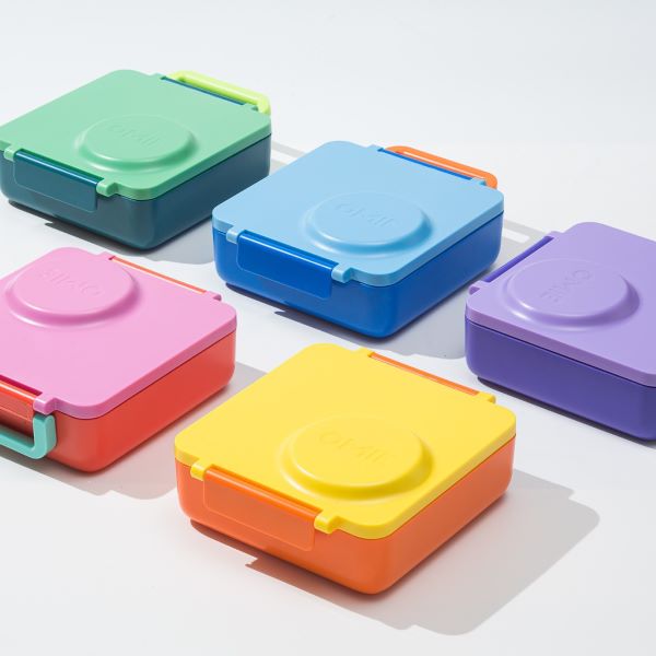 omiebox thermal lunch box in green, blue, purple, pink, and orange