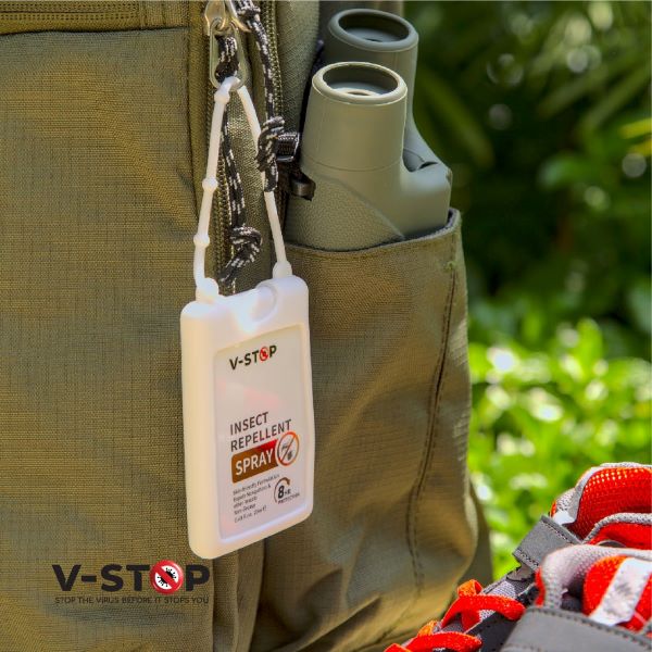 vstop mosquito repellent hanging on a bag