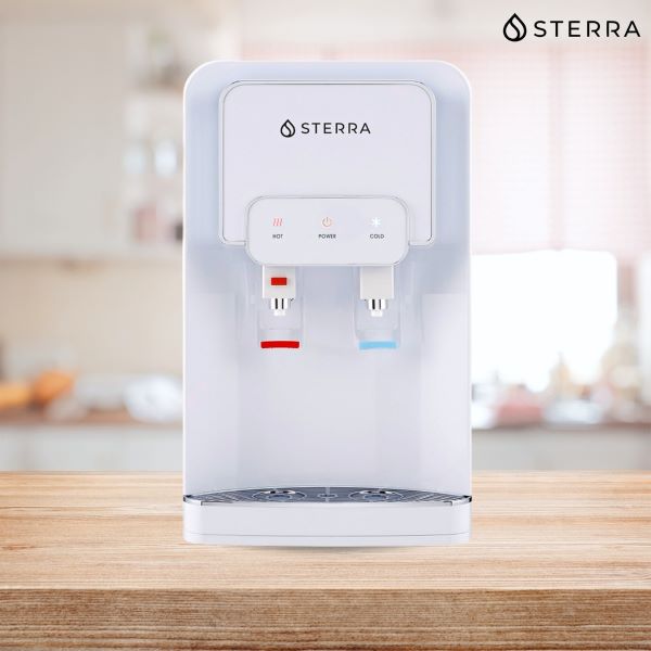 sterra x water dispenser on wooden kitchen countertop