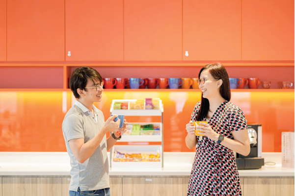 Chee Leong and Doris having a coffee break in the Shopee pantry