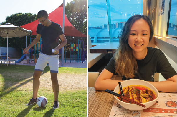 Janeil (left) enjoying his hobby, soccer, and foodie Crystal (right) enjoying a bowl of ramen.