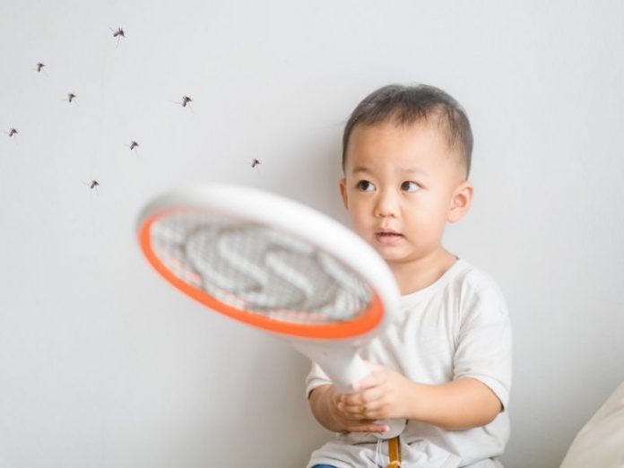 boy holding mosquito killer racket with mosquitoes flying above it