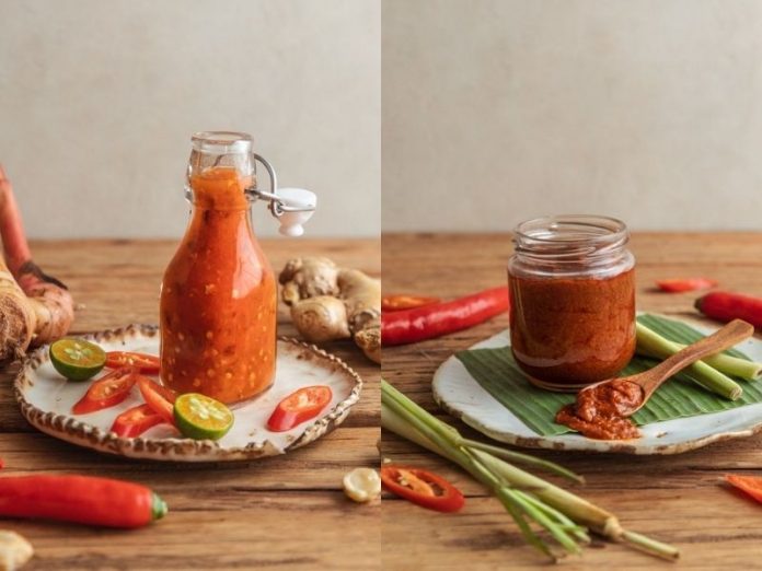 chilli sauce in a jar on plate