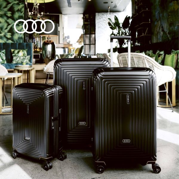 black audi x samsonite luggage in three different sizes