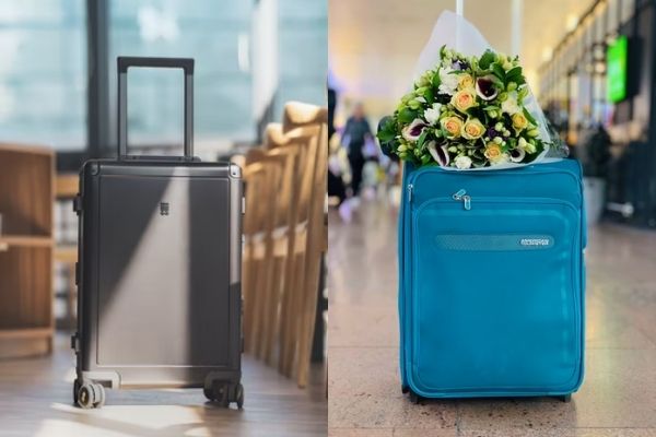 black hard case luggage and blue soft case luggage with a bouquet of flowers