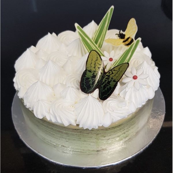 durian cake with fresh white cream and butterfly chocolate toppings 