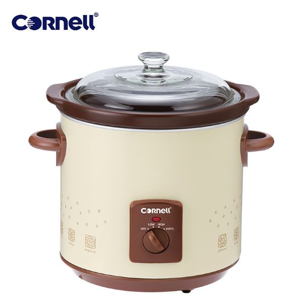 cornell slow cooker with cream body and brown outlines