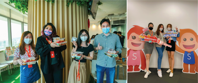 A Shopee intern and her teammates enjoy free lunch treats Shopee work culture