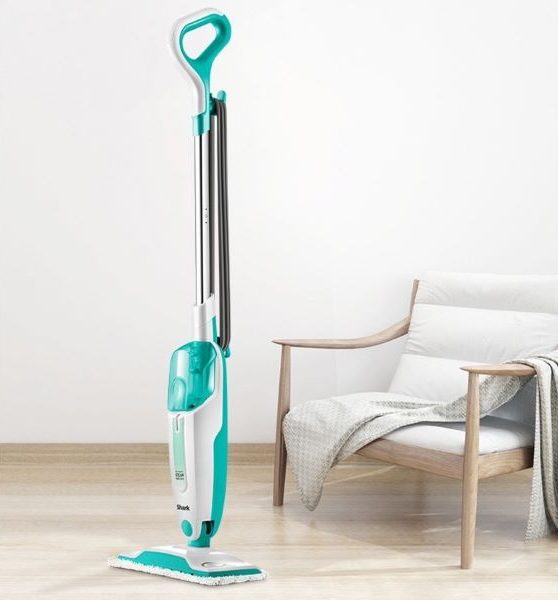 shark steam mop with white and blue body 