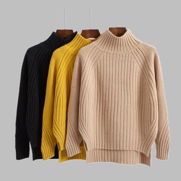 turtleneck sweaters in black, yellow, and beige