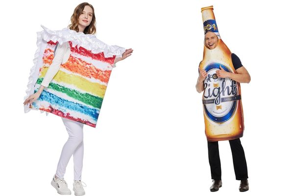 lady in rainbow cake costume and man in beer costume