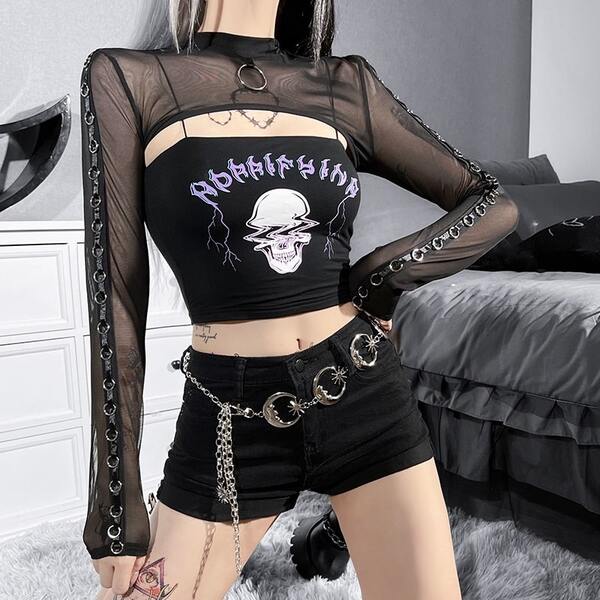 gothic set with mesh shoulder shrug and graphic tank top