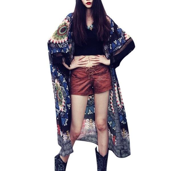 boho chic zoukout 2022 outfit idea long cardigan with crop top and shorts