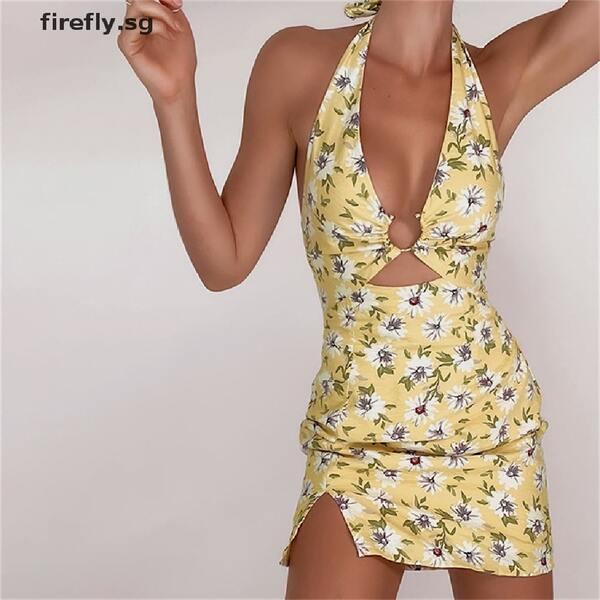 yellow floral daisy halter neck dress