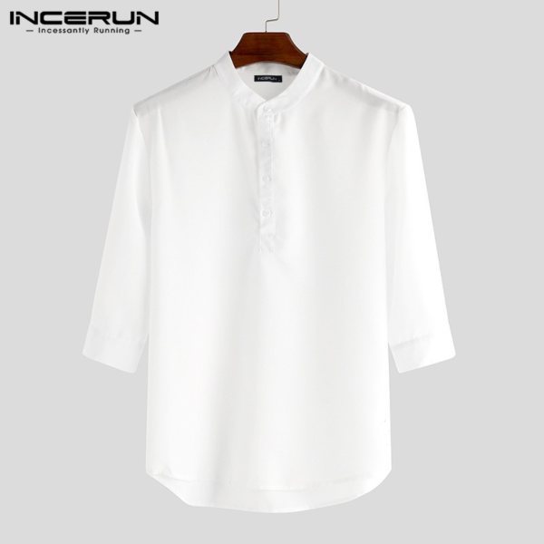 INCERUN Men's Solid V Neck Linen Half Sleeve Shirt