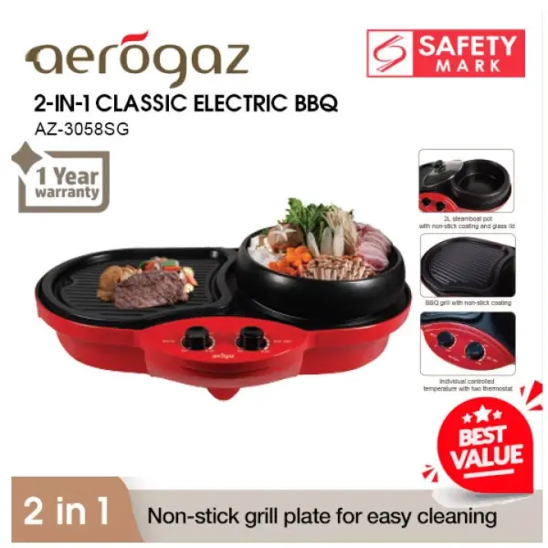 Aerogaz 2-in-1 Classic Electric BBQ Grill and Steamboat