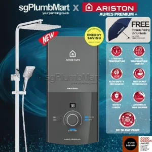 Ariston Aures Premium + PUMP & Rainshower Instant Water Heater best water heaters in singapore