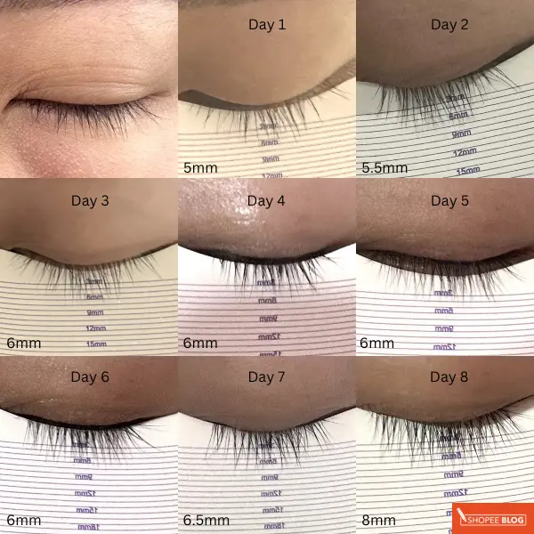 day 0-8 left xlash eyelash growth serum