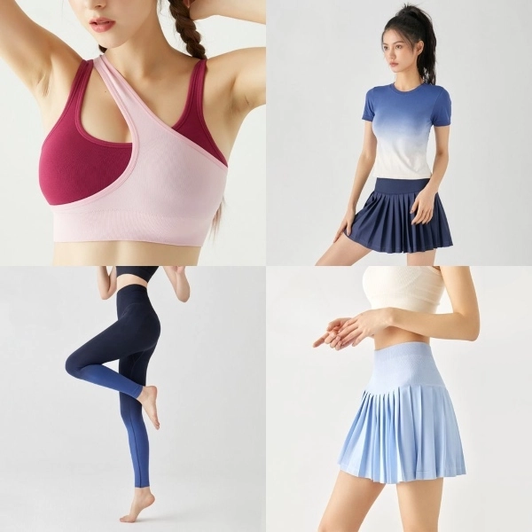 affordable activewear singapore: Leorrey Sports Color Contrast Bra Top, High Elastic Gradient Macarons Sports Top, Pleated Tennis Skirt