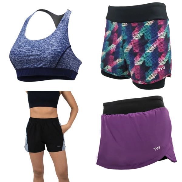 sports brand singapore: TYR sports bra, shorts and purple skorts