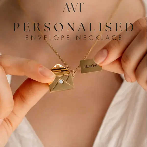 Personalised Valentine’s Day gifts for her in singapore: Customised Laser Engraved Envelope Letter Necklace