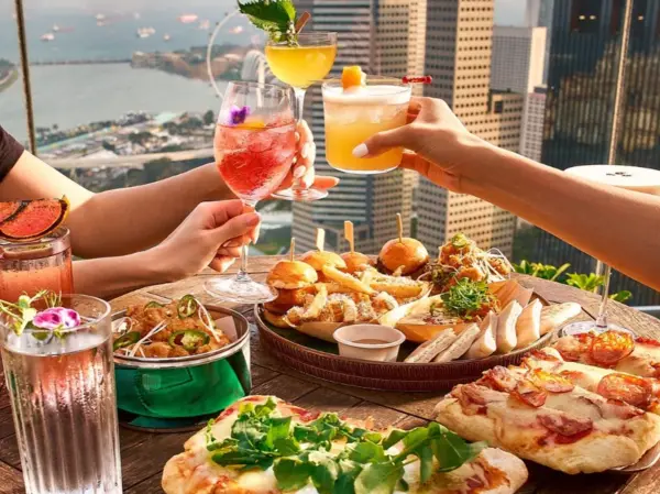 valentine's day at 665°F featuring cocktails, food and an amazing view of Singapore's skyline