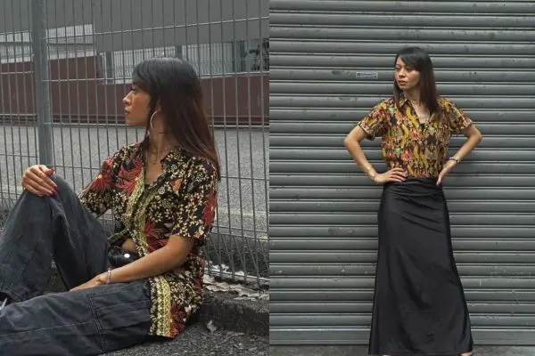 Batique Rattin collection featuring a batik-inspired top design and long black skirt/jeans