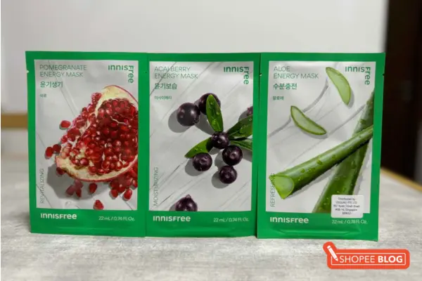 Innisfree sheet mask: Pomegranate Energy Mask, Acai Berry Energy Mask, Aloe Energy Mask