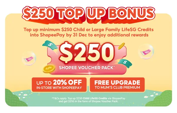 child lifesg credits how to use: top up ShopeePay to receive a $250 bonus (in the form of vouchers)