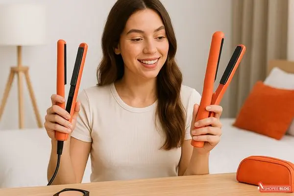 girl comparing between corded and cordless hair straightener